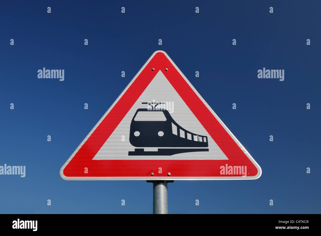 Unguarded Railway Crossing Sign, Pfalzerwald, Rhineland-Palatinate, Germany Stock Photo