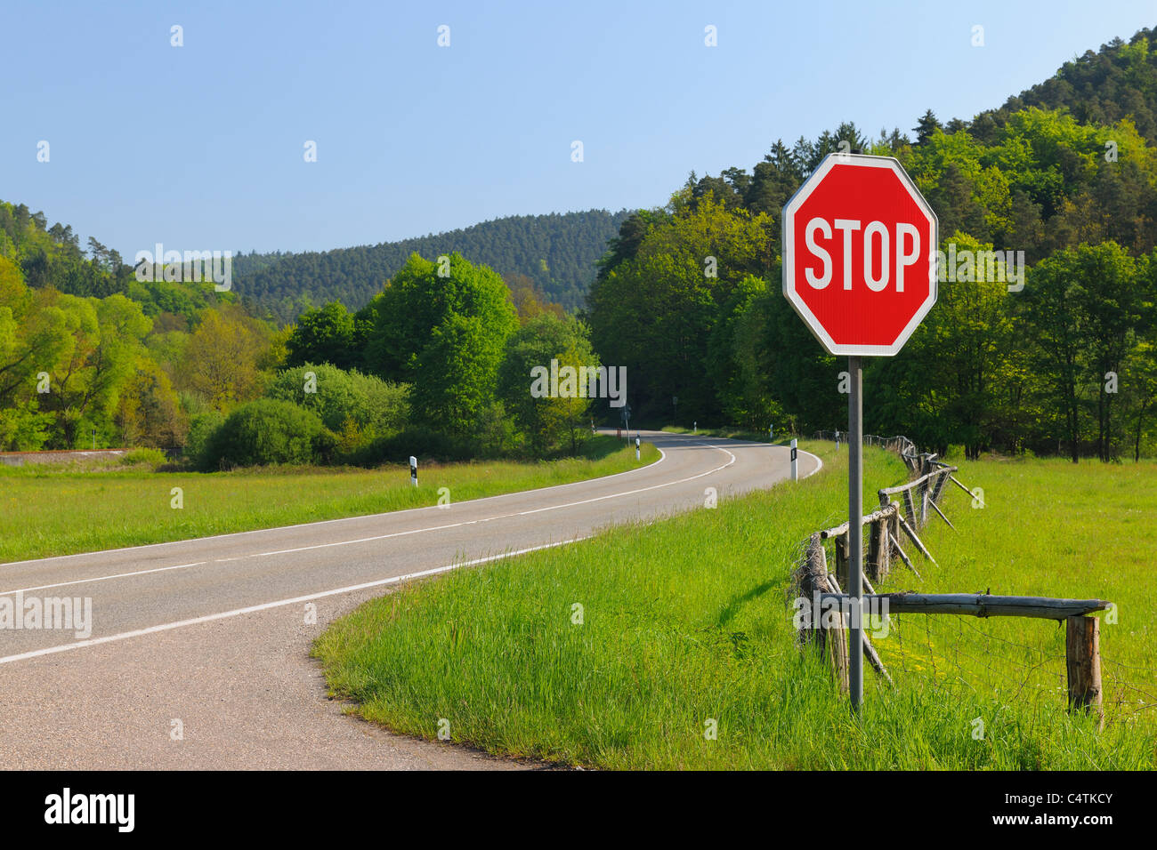 Stop Sign on Road, Pfalzerwald, Rhineland-Palatinate, Germany Stock Photo