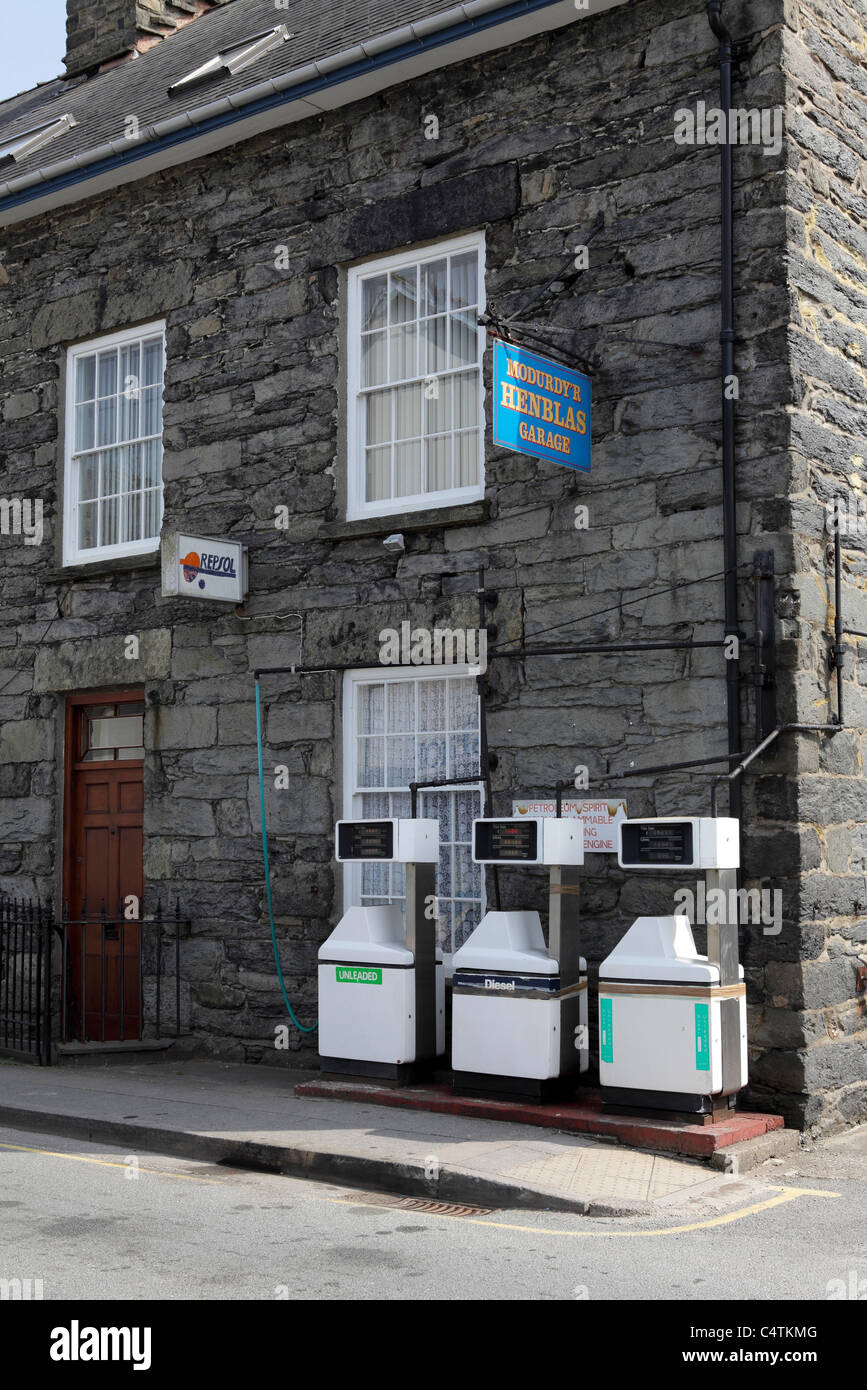 PETROL STATION, unusual site in High St, Bala. This small house is also a working petrol station, a very quirky image. Stock Photo