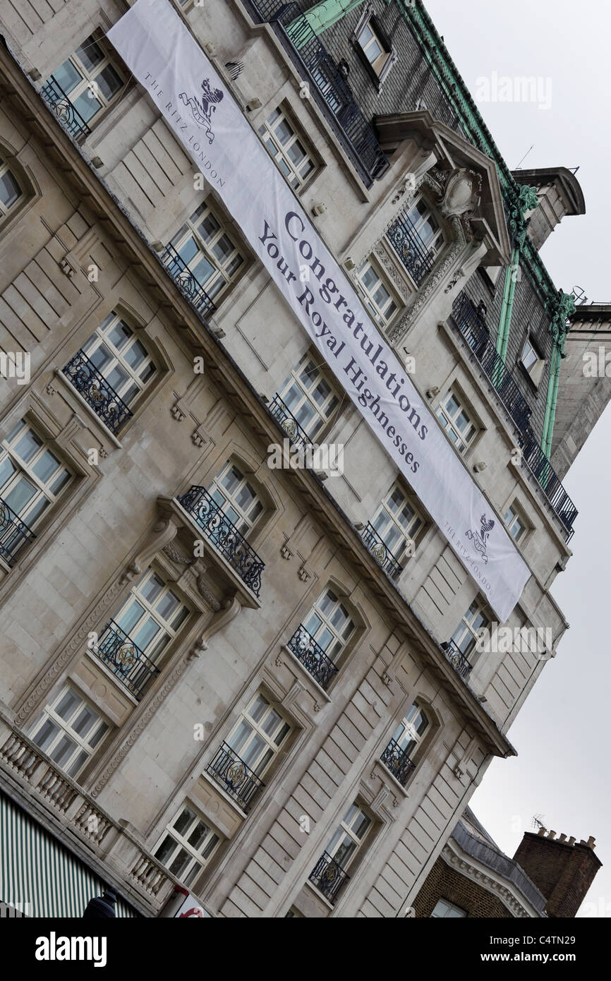 THE RITZ HOTEL, on view here is the western facade with the congratulatory banner wishing their Royal Highness their blessings. Stock Photo