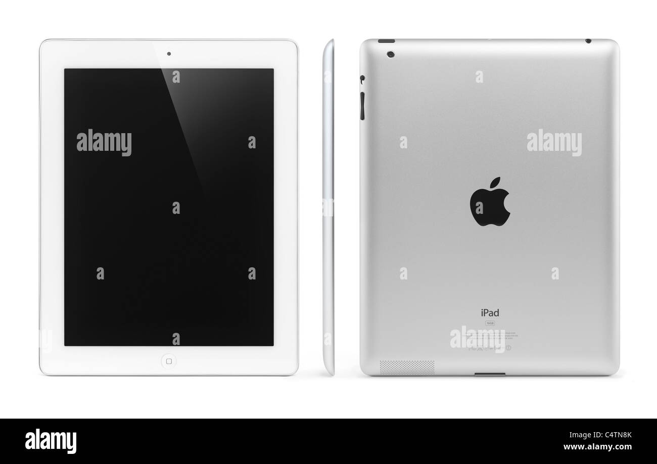 White Apple iPad 2 tablet computer front, side and rear view. Isolated with clipping path on white background. Stock Photo
