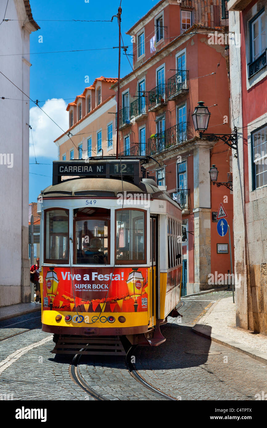 Europe, Portugal, Lisbon, Streetcar in Alfama District Stock Photo