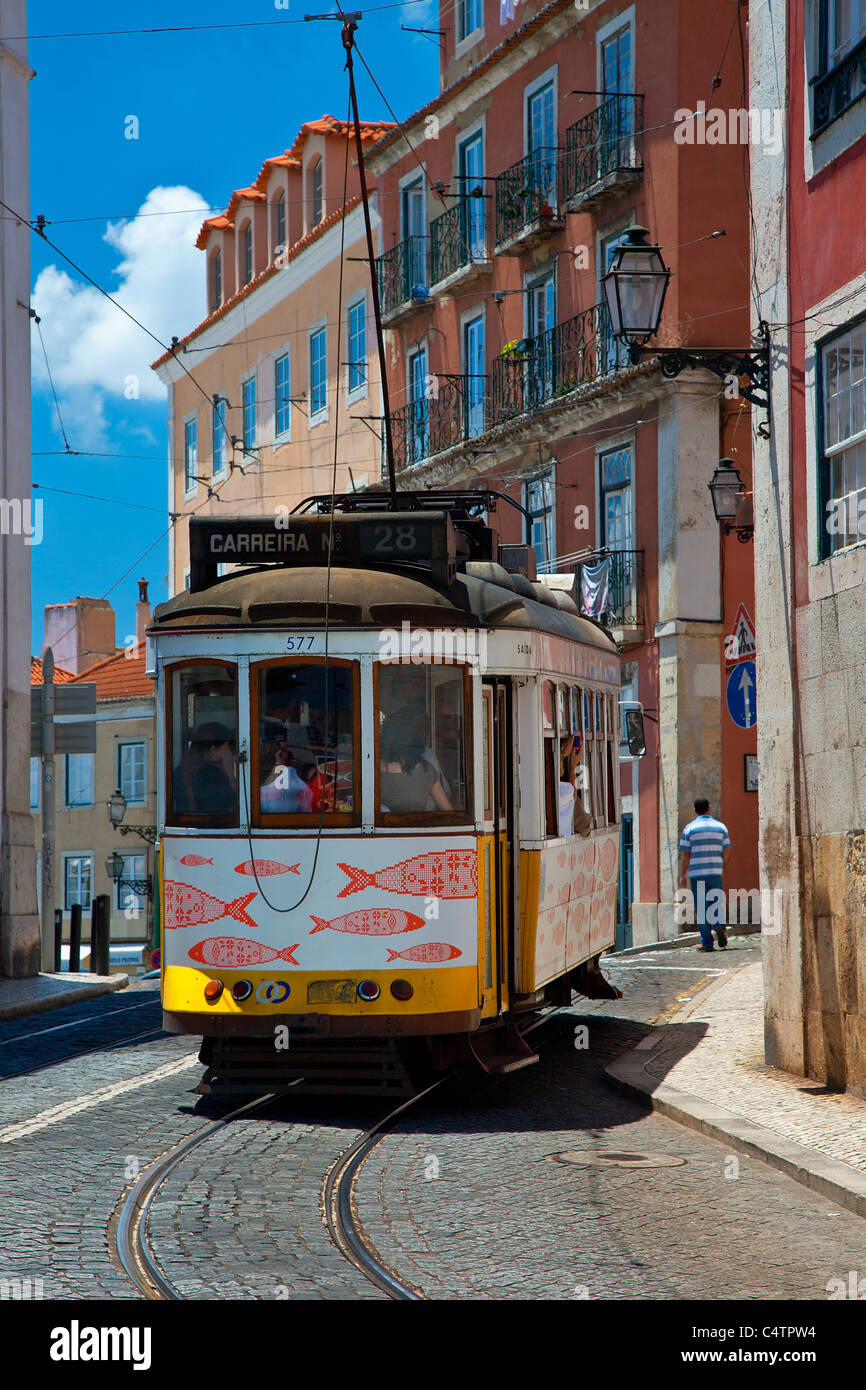 Europe, Portugal, Lisbon, Streetcar in Alfama District Stock Photo