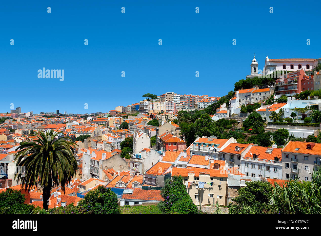 Portugal, Lisbon, church and Miradouro de Graca seen from the Rua Costa do Castelo Stock Photo