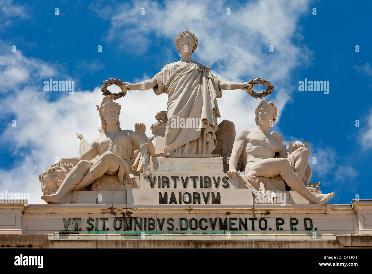 Europe, Portugal, Lisbon, Statues of the Glory on The Triumphal Arch Stock Photo