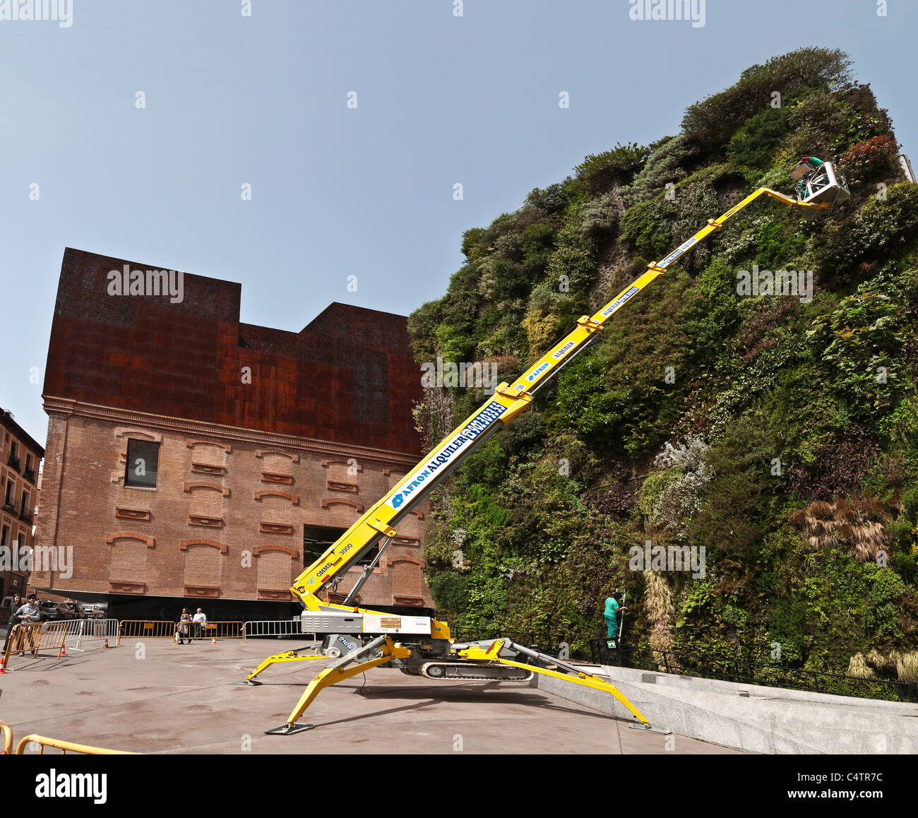 Maintaining the vertical garden designed by Patric Blanc at the Caixa Forum Gallery Madrid, Spain. Stock Photo