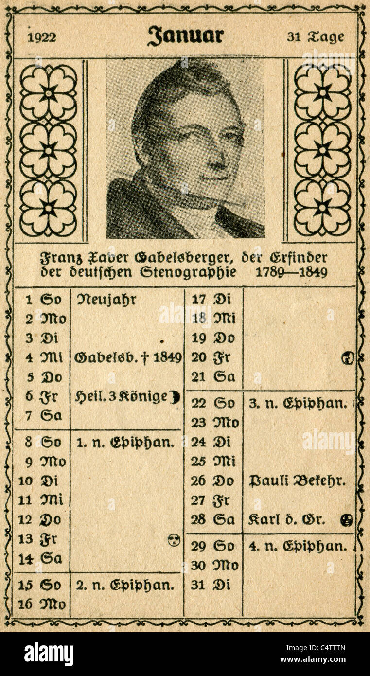 Small pocket calendar for stenographers to Gabelsberger system. Page 4. January. Franz Xaver Gabelsberger Stock Photo