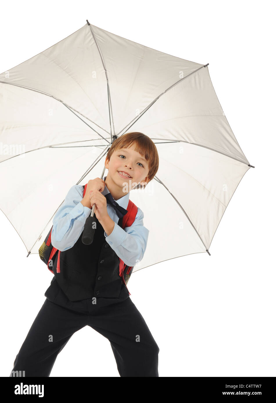 Schoolboy with a umbrella. Stock Photo