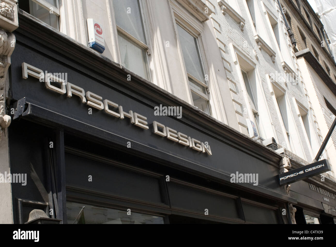 London Mayfair Bond Street Porsche Design sunglasses watches trainers shop store sign street scene Stock Photo