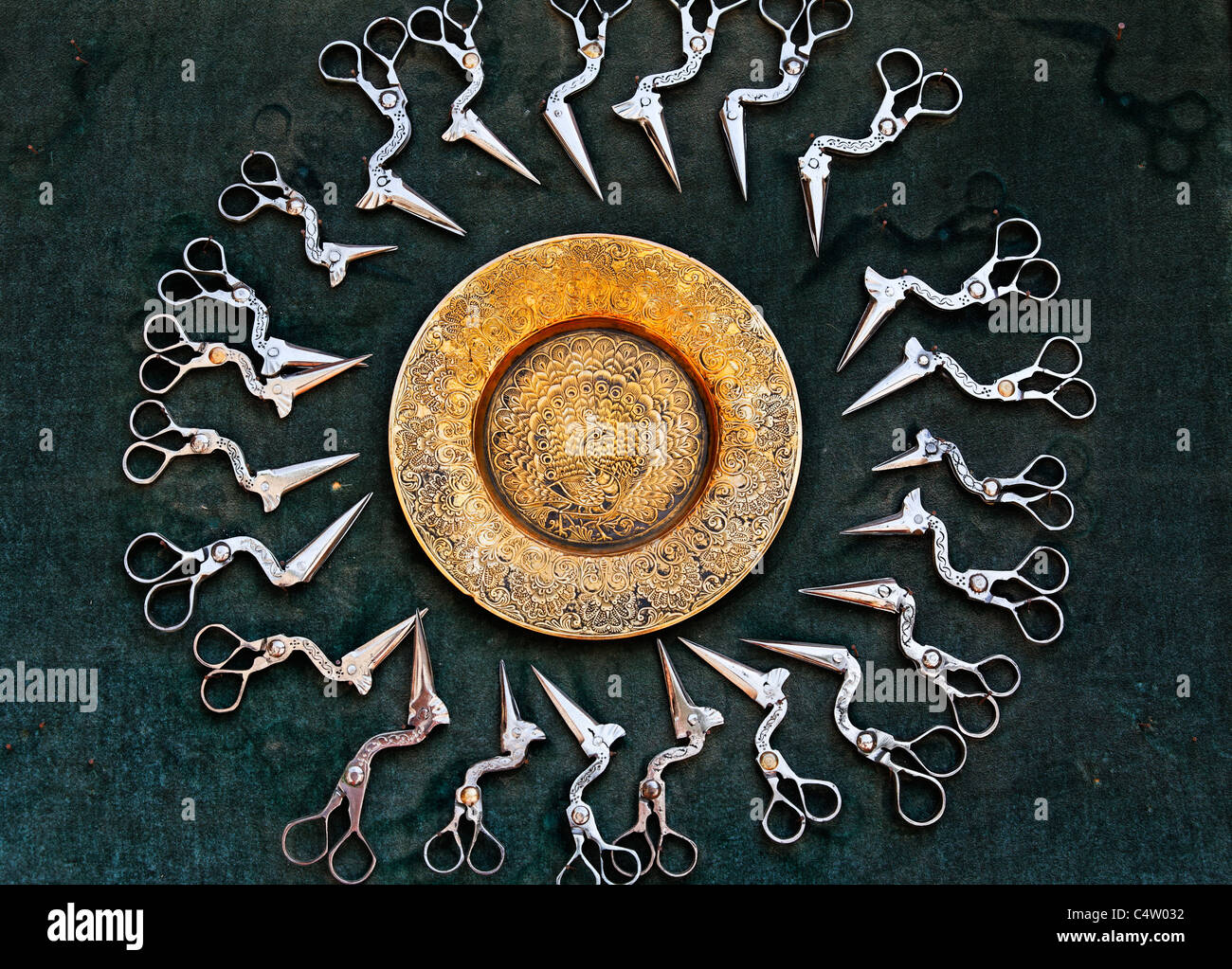 Uzbekistan Bukhara shop display of bird shaped scissors Stock Photo