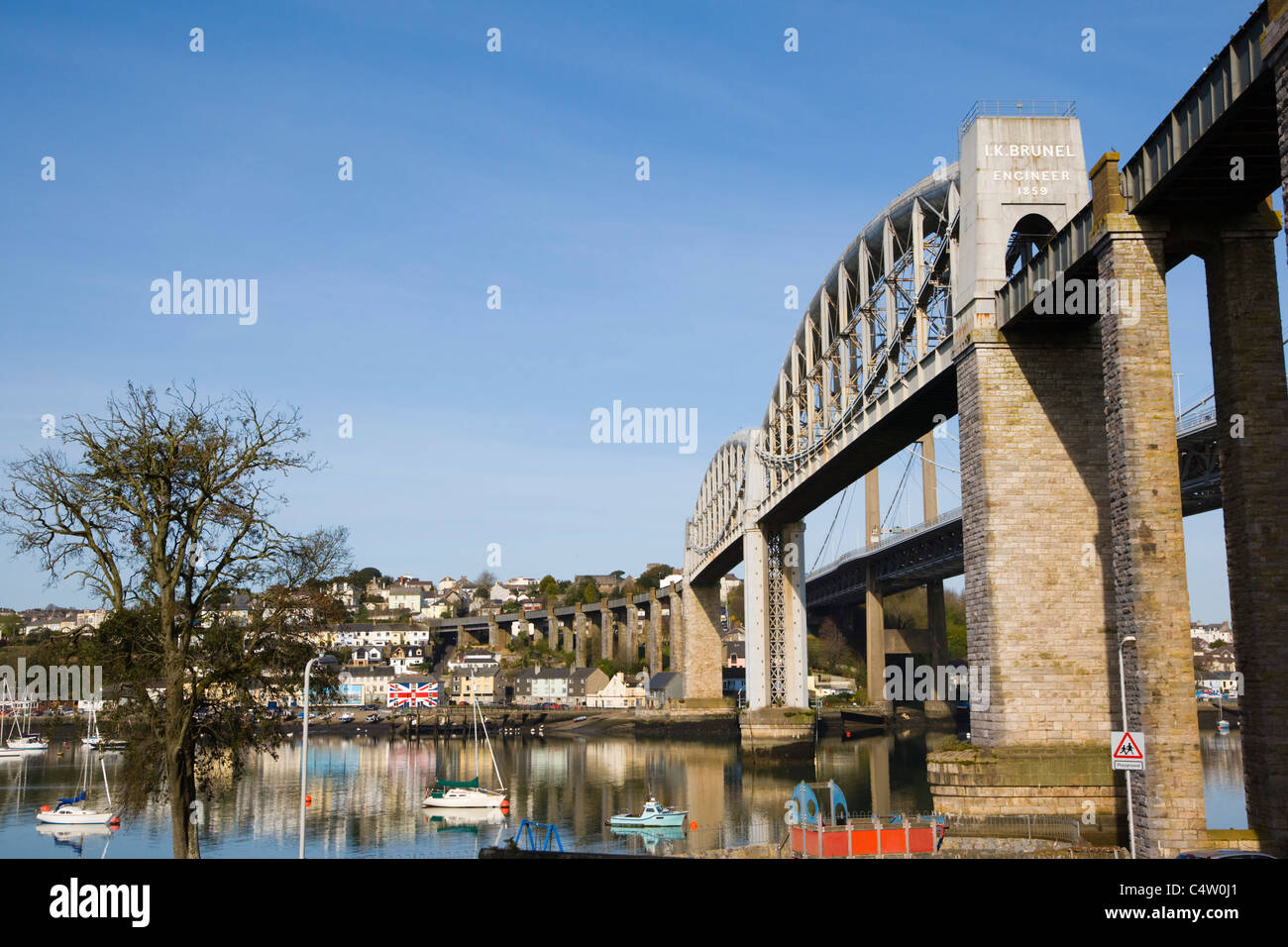 Royal Albert Bridge, river Tamar against Saltash riverside, Saltash Passage, Plymouth, between Cornwall and Devon, England, UK Stock Photo