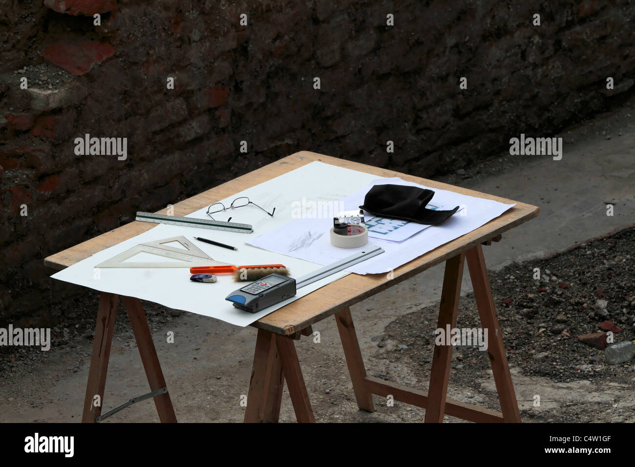 Archaeologists plans on a wooden table, Munich Upper Bavaria Germany Stock Photo