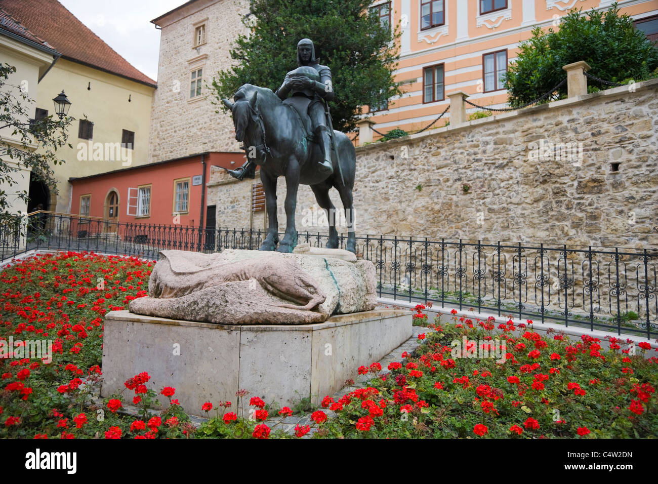 St George on a horse statue by Kompatscher, Winder near Stone Gate, Kamenita Vrata, Gornji Grad, Zagreb, Croatia Stock Photo