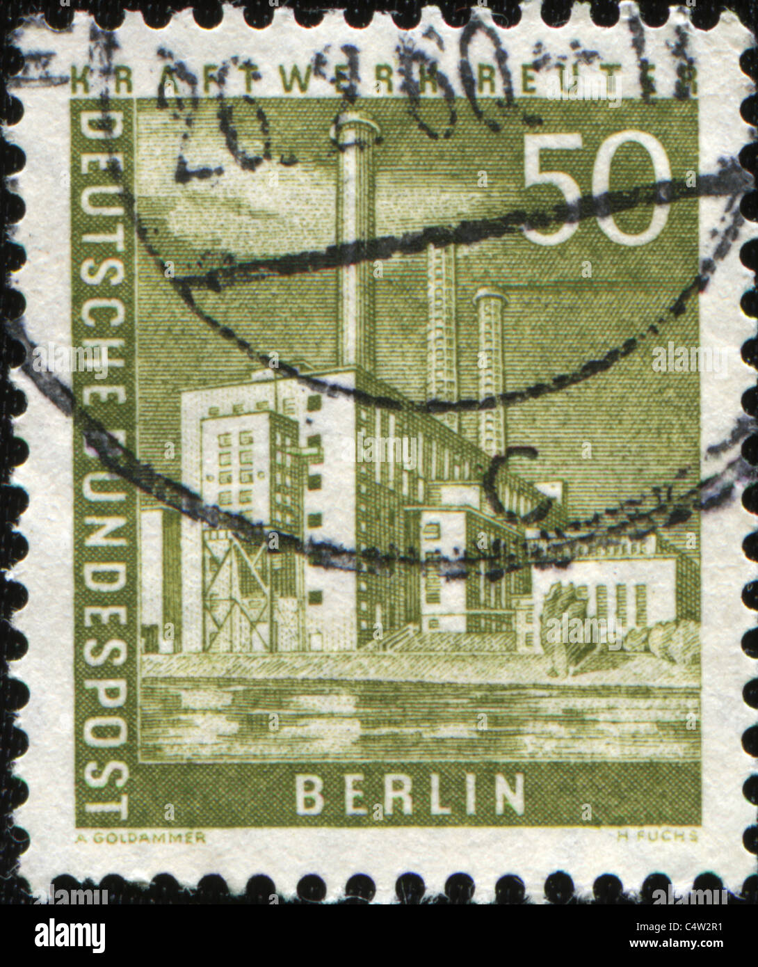 BERLIN - CIRCA 1956: A stamp printed by German Federal Mail of Berlin shows Kraftwerk Reuter, series Pictures of Berlin Stock Photo
