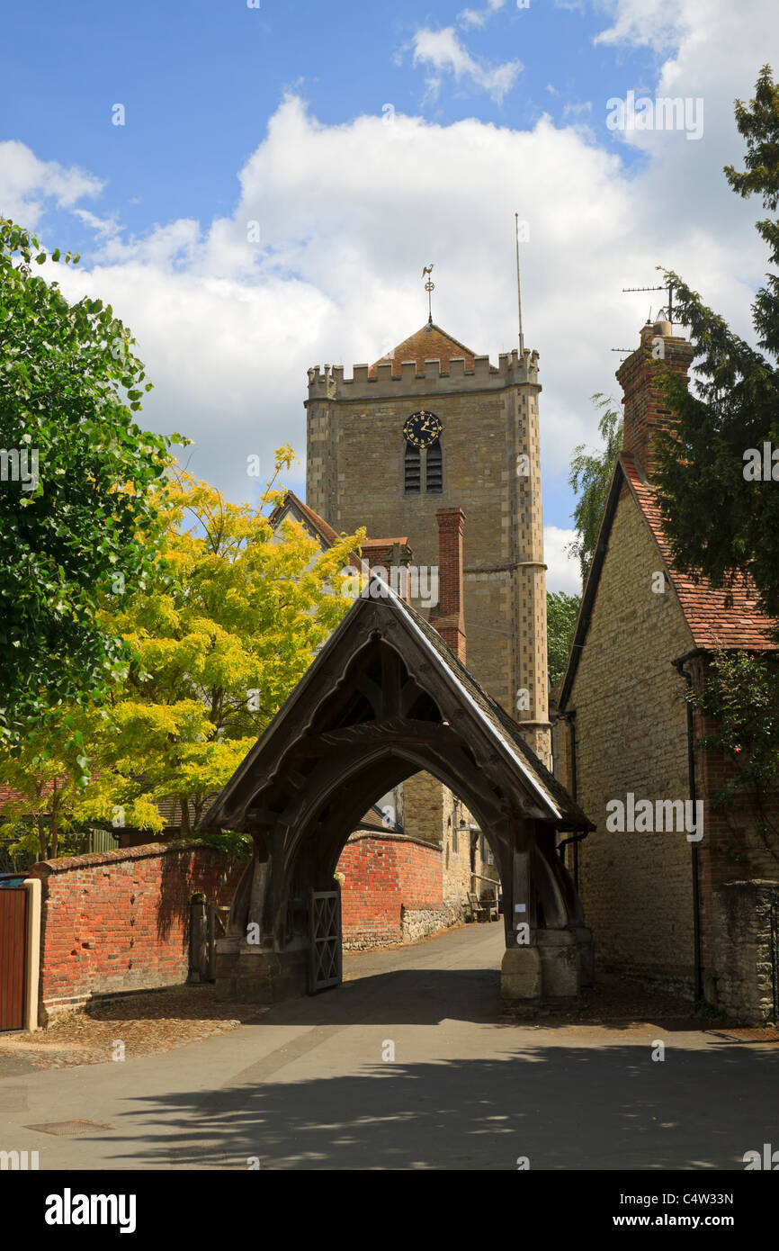 The lych-gate and bell tower of the Abbey Church of St Peter and St Paul, Dorchester-on-Thames, Oxfordshire Stock Photo