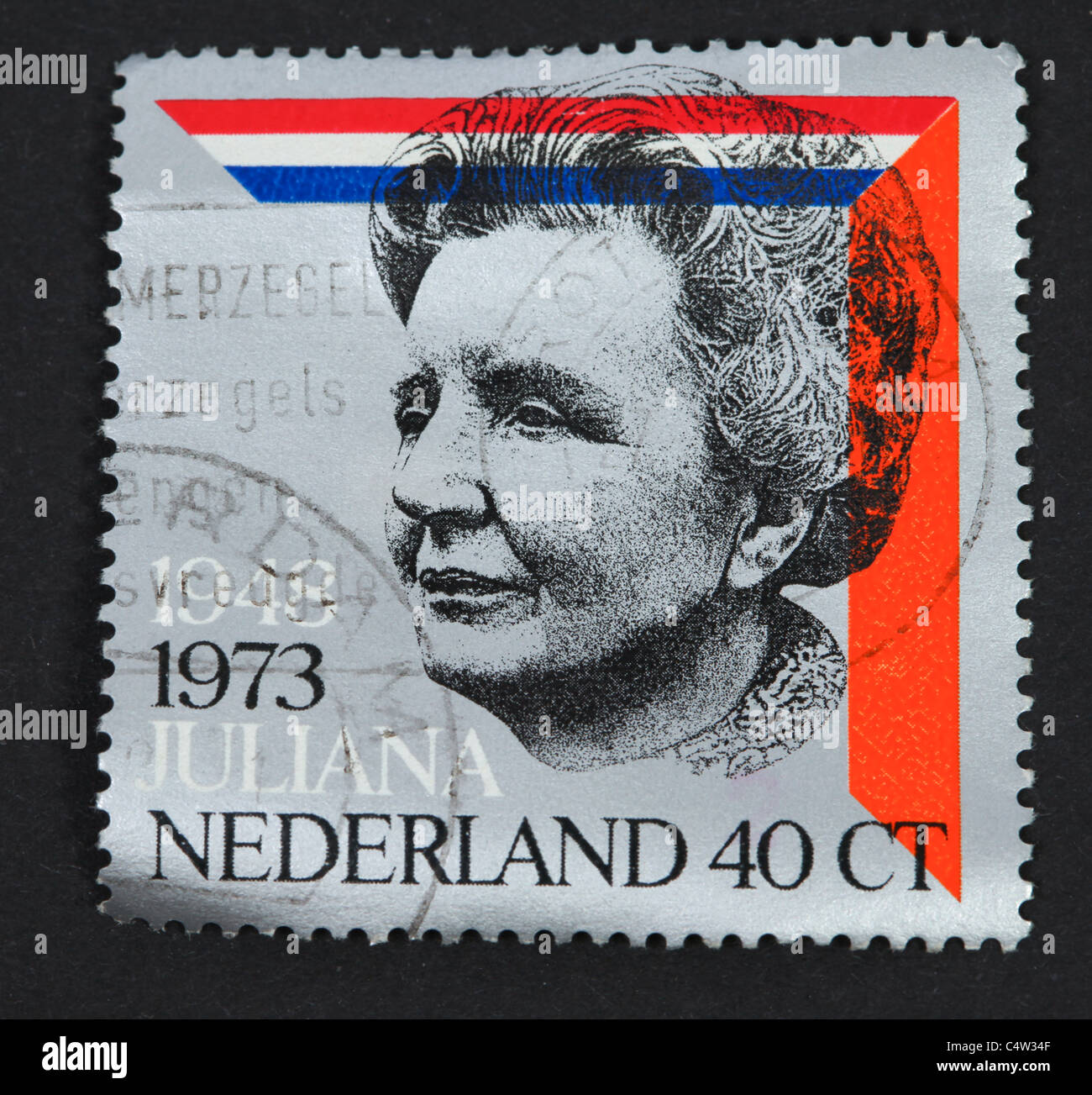 Stamp issued in the Netherlands for the silver jubilee of the reign of Queen Juliana, Stock Photo