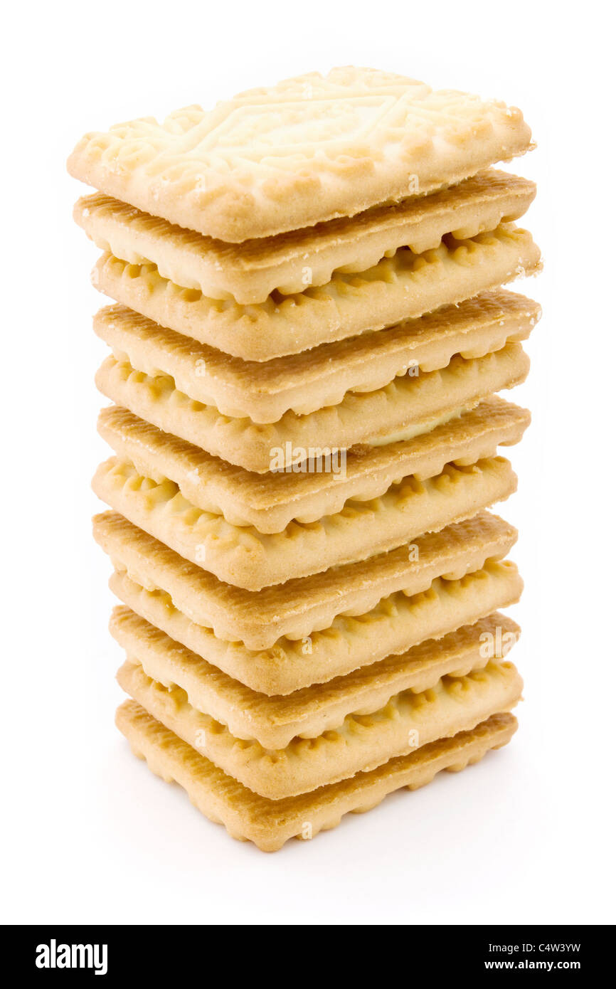 Tower of cream filled biscuits isolated on white Stock Photo