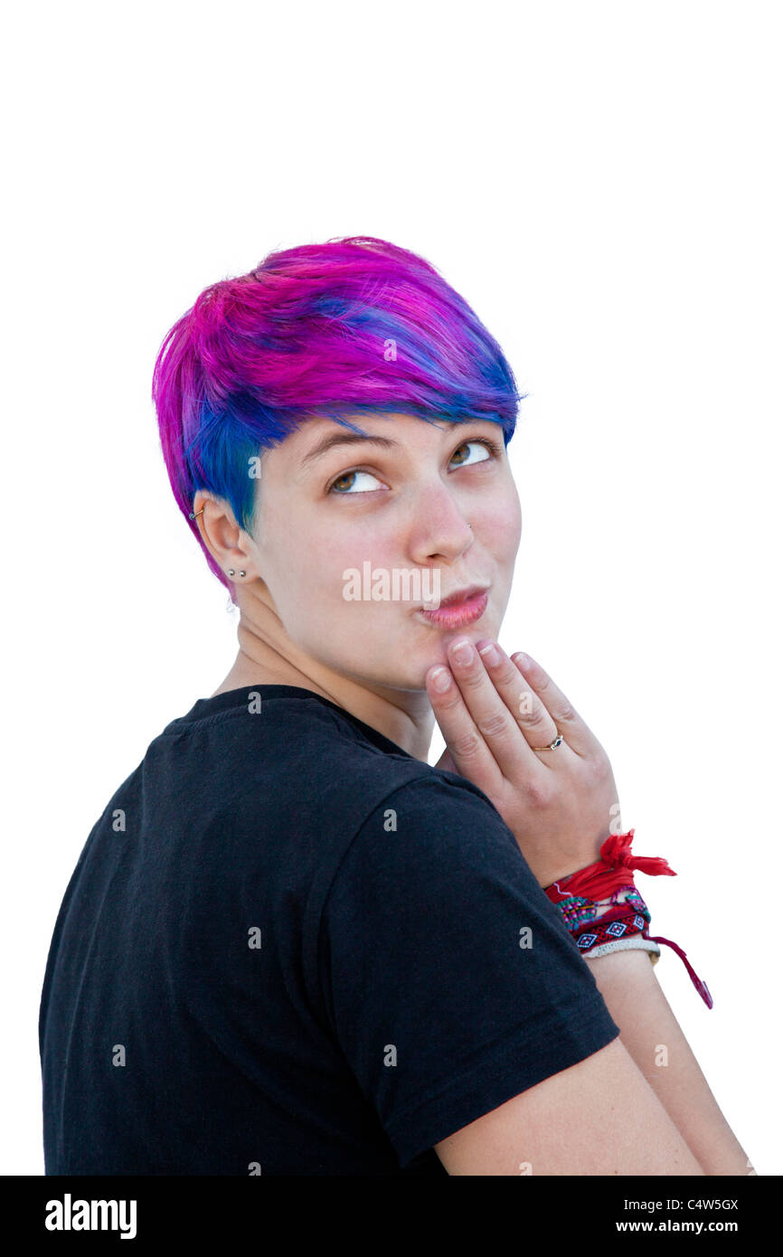 Young Girl Or Woman With Bright Pink Blue And Purple Dyed Hair