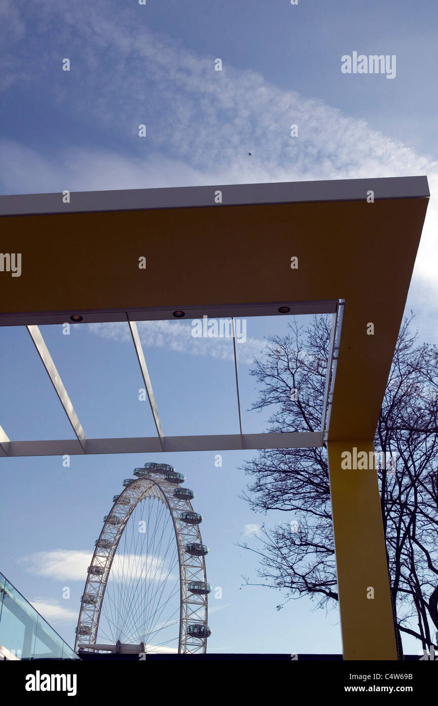 The London Eye seen through the architecture of Royal Festival Hall, London. Stock Photo