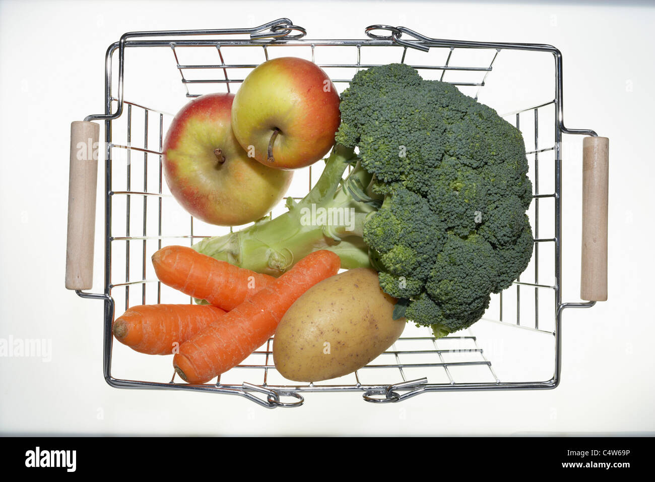 Fruit and Vegetables in Shopping Basket Stock Photo