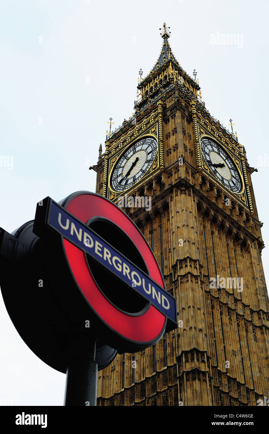 Westminster London Underground tube station, with St Stephen's Tower (Big Ben) in the background Stock Photo