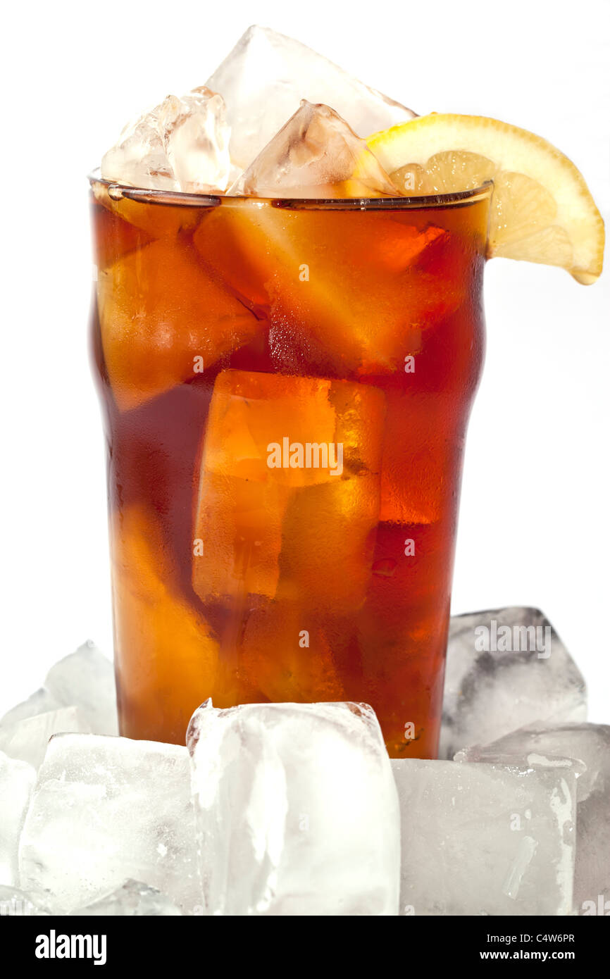 Cold iced tea with lemon on bed of ice Stock Photo