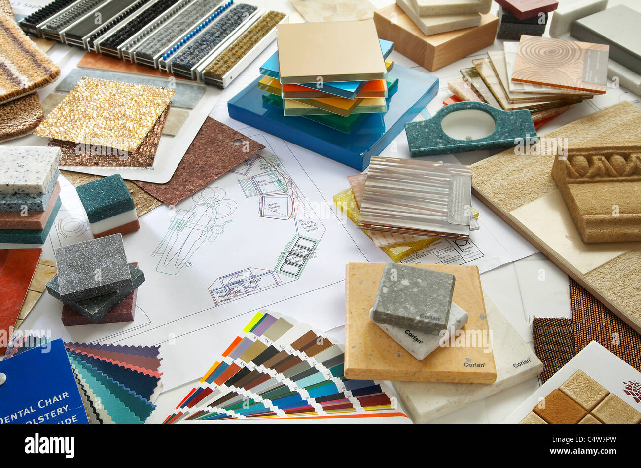 A desk full of swatches, samples and planning designs Stock Photo - Alamy