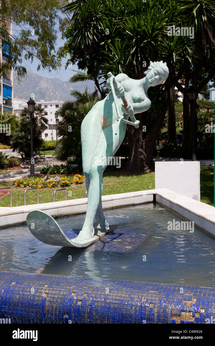 Marbella Water Skiing statue at the west end of the promenade Stock Photo