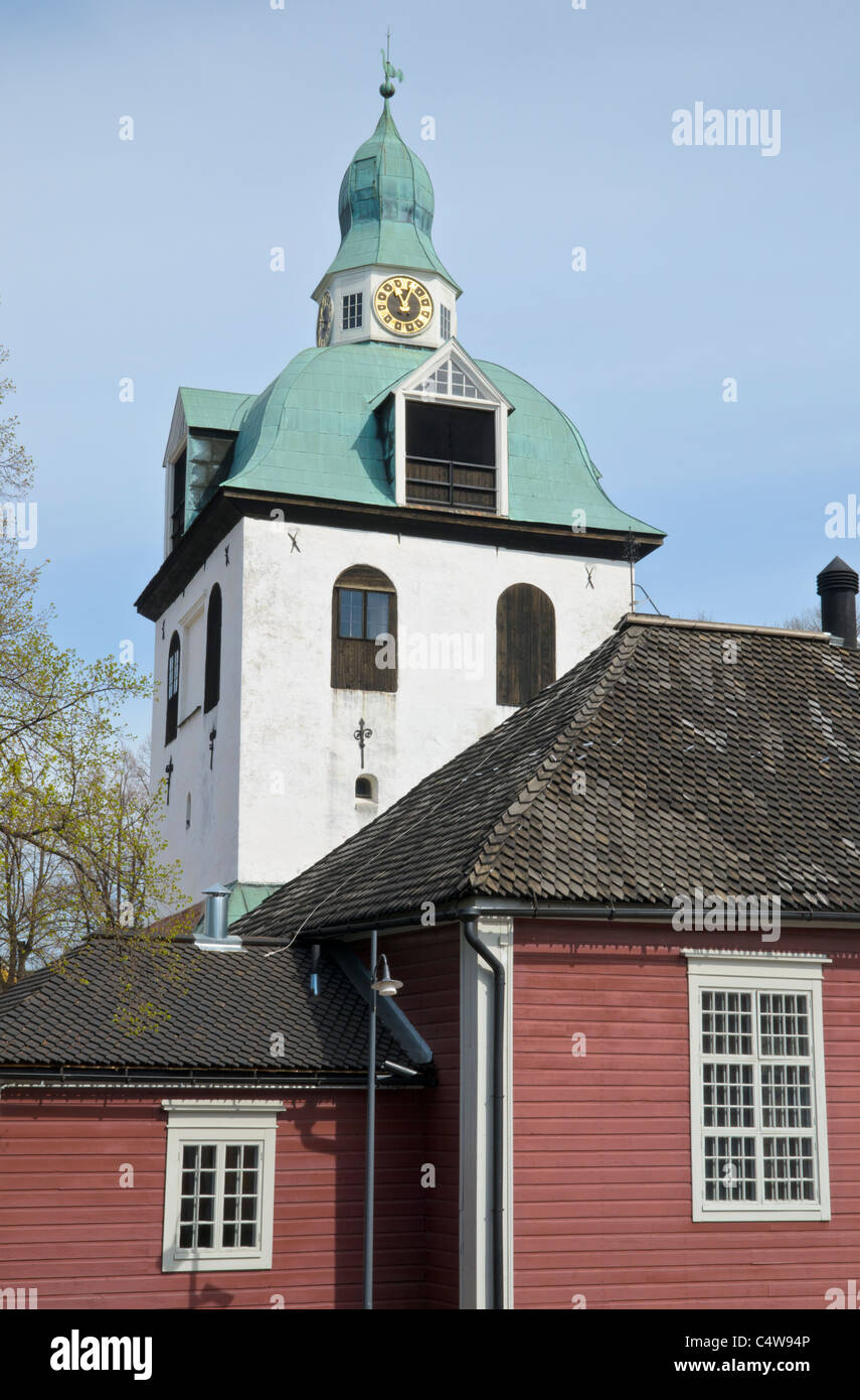 Picturesque Porvoo Cathedral clocktower and wooden house, Finland Stock Photo