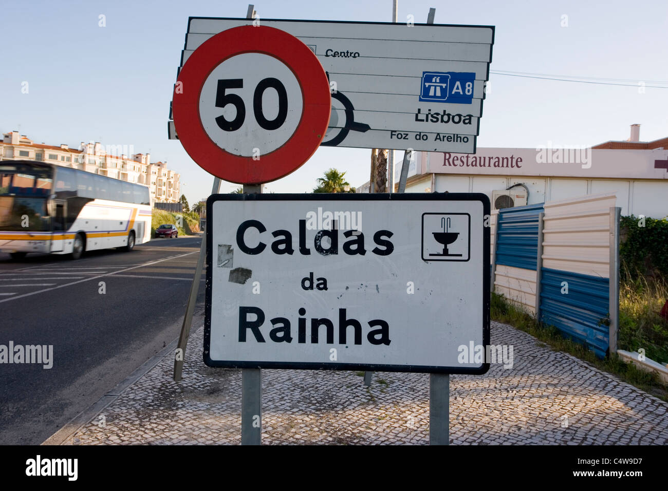 Signage at outskirts of small town, Caldas da Rainha, near Lisbon, Portugal Stock Photo