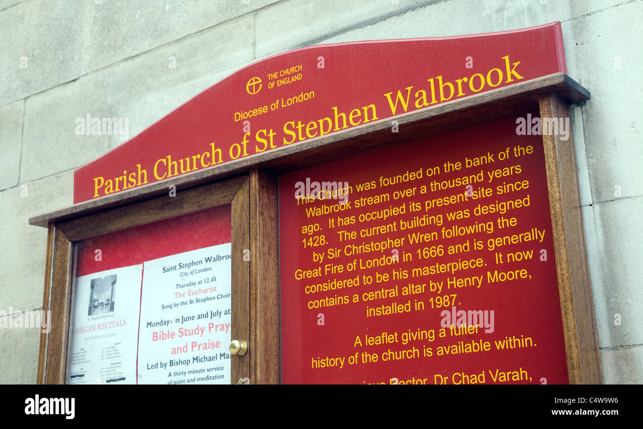 Parish church of St Stephen, Walbrook, City of London, London, information noticeboard outside Stock Photo