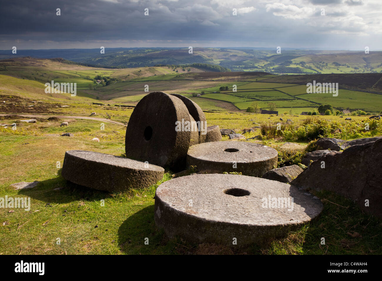 Millstone sitting below Stanage Edge in the Peak District national park ...