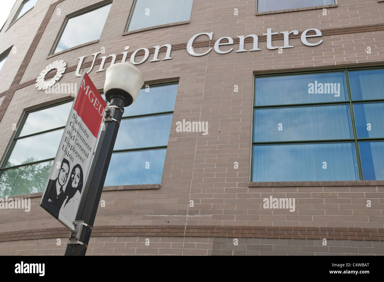A sign for Manitoba Government and General Employee' Union is pictured in front of the Union Centre in Winnipeg Stock Photo