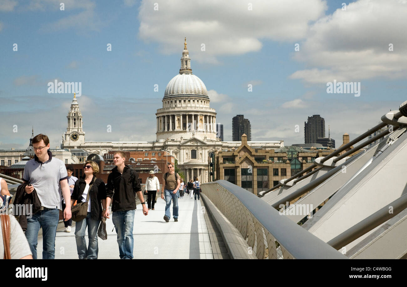 View of the dome of St Paul's cathedral from the Millennium footbridge, London Stock Photo