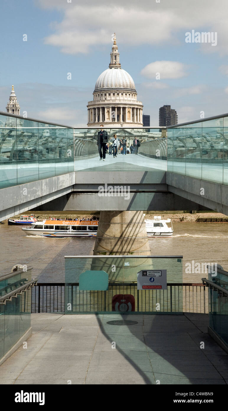 View of the dome of St Paul's cathedral from the Millennium footbridge, London Stock Photo