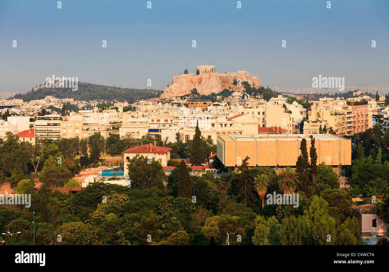 Early morning view across Athens of the Acropolis and the Parthenon. Stock Photo