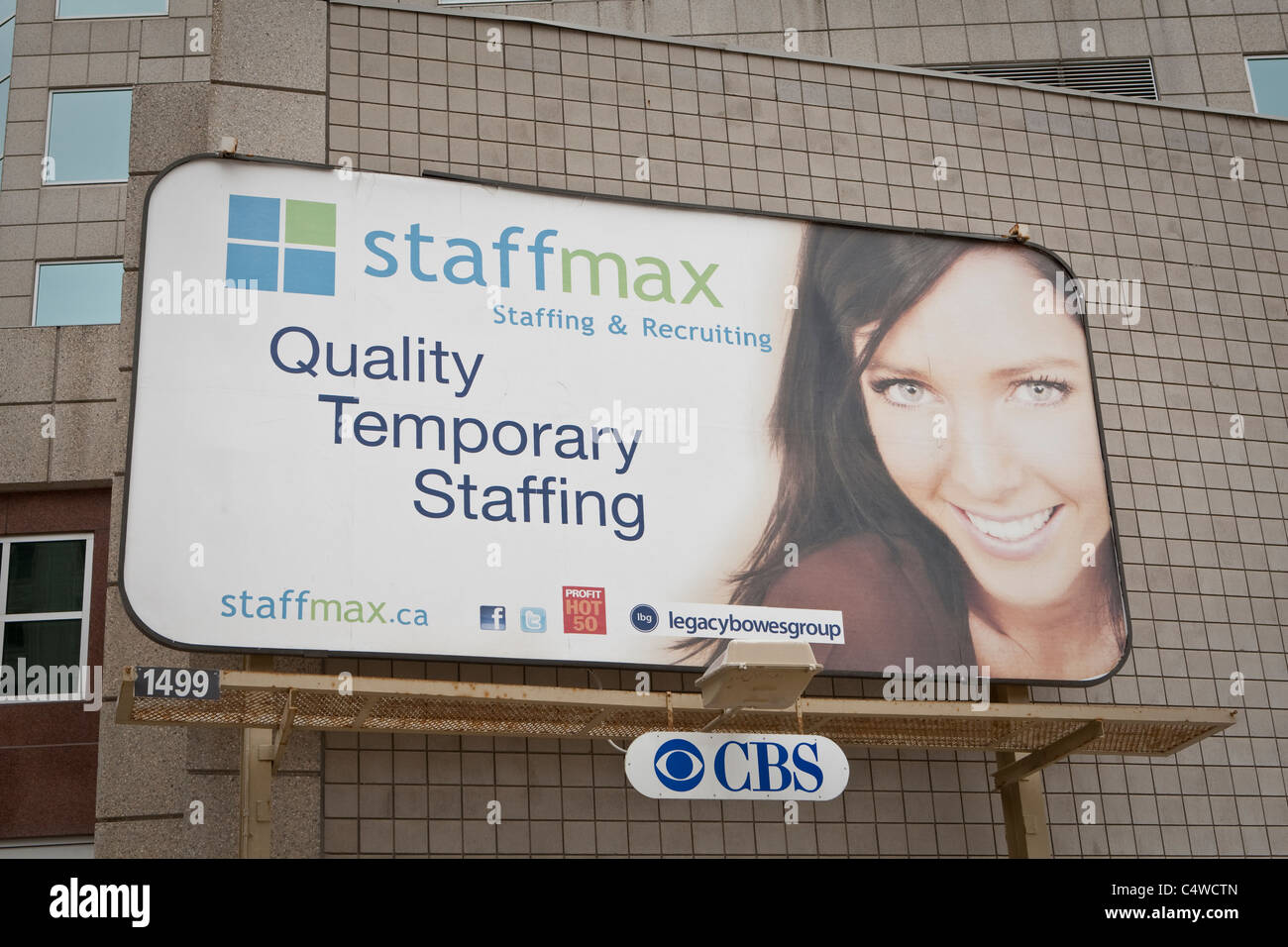 A Staffmax CBS advertisement board is seen in Winnipeg Monday May 23, 2011. Staffmax is a staffing and recruiting agency. Stock Photo