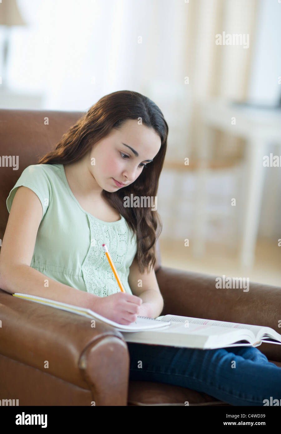 USA, New Jersey, Jersey City, Portrait of teenage girl (14-15) doing homework Stock Photo