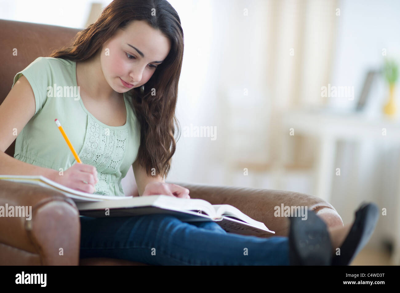 USA, New Jersey, Jersey City, Portrait of teenage girl (14-15) doing homework Stock Photo