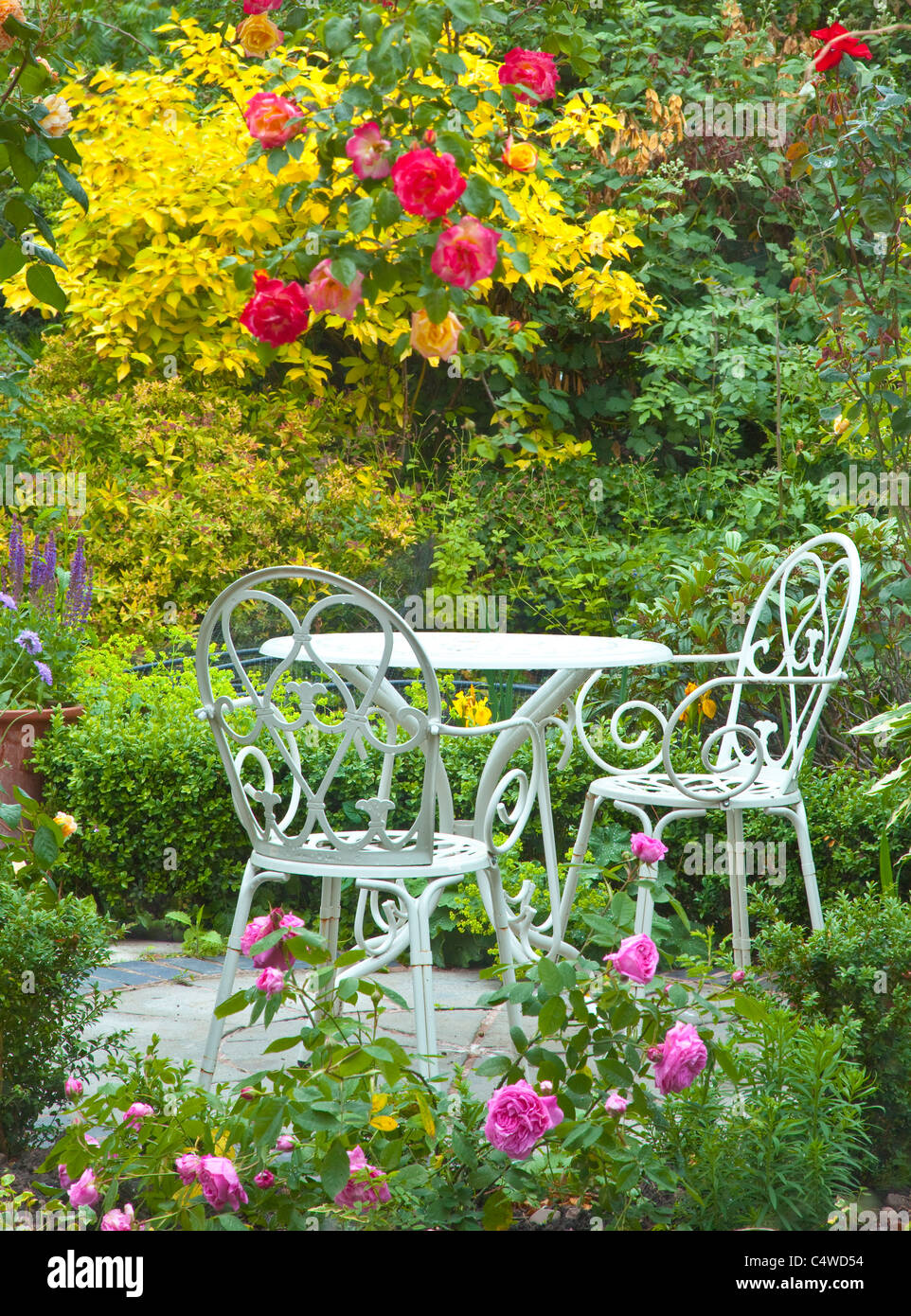 Garden rose patio with seating, England, UK Stock Photo - Alamy