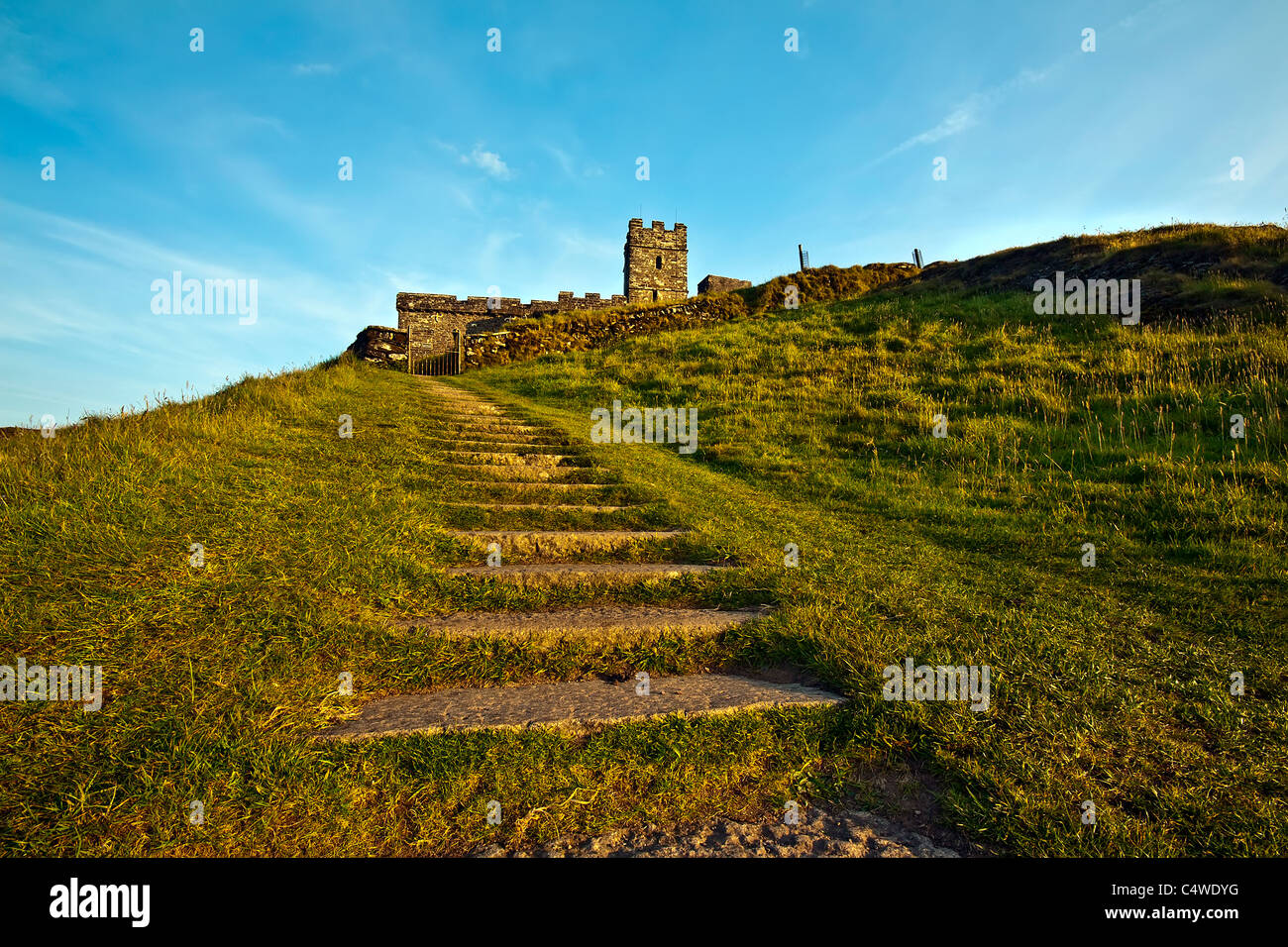 Built 1130 foot high Brentor church dates from the 13th century and is dedicated to St Michael de Rupe. Stock Photo