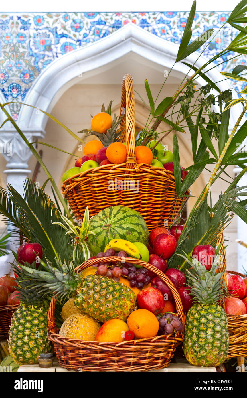A fruit display at an outdoor restaurant in the Wafi shopping center in