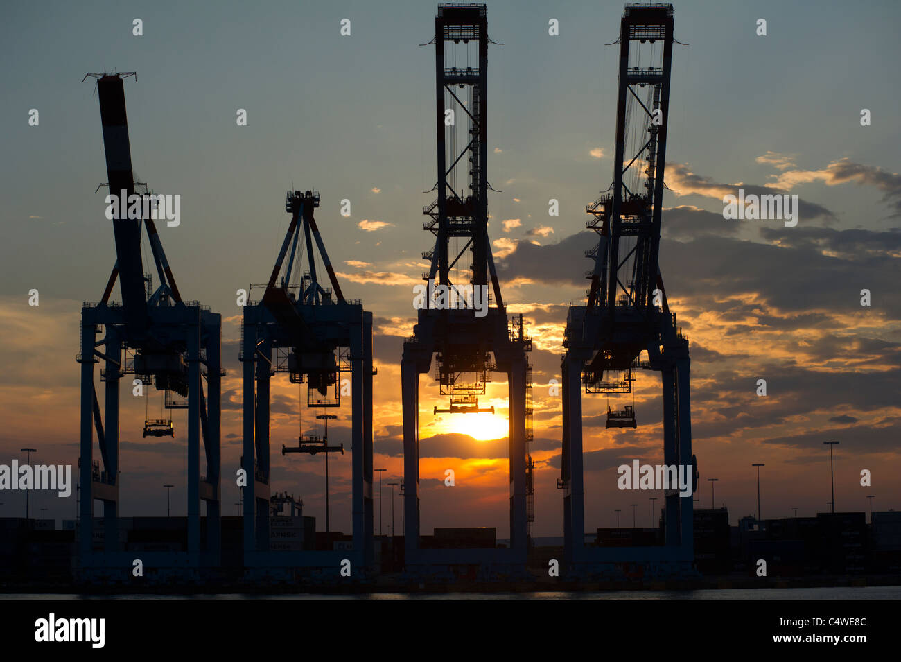 Idle cranes at the Maersk terminal in Port Elizabeth in the New York and New Jersey harbor Stock Photo