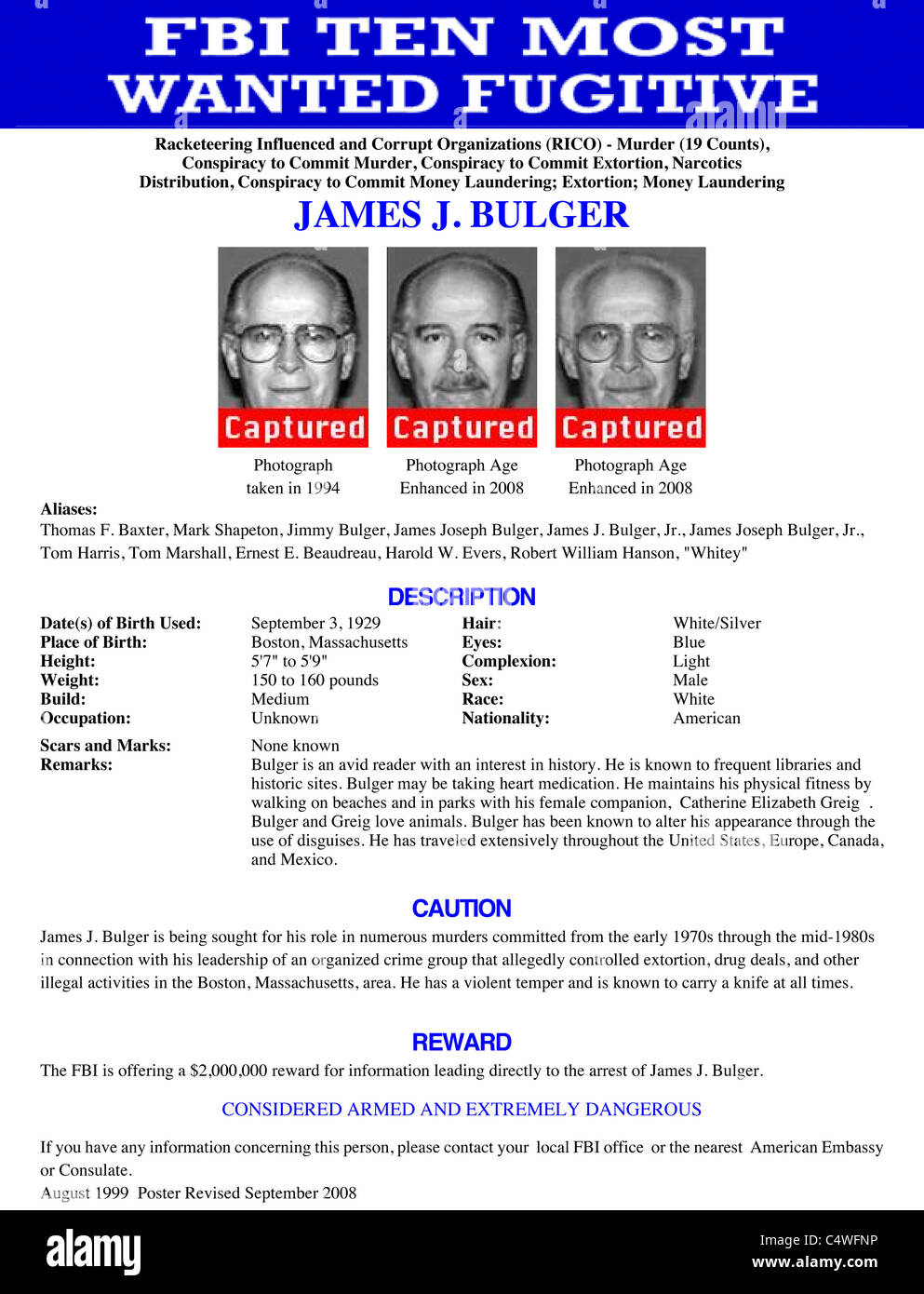 The FBI Ten Most Wanted poster for James (Whitey) Bulger marked 'captured' Stock Photo