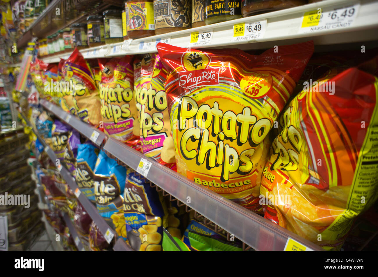 A display of house brand potato chips are seen in a supermarket in New York Stock Photo