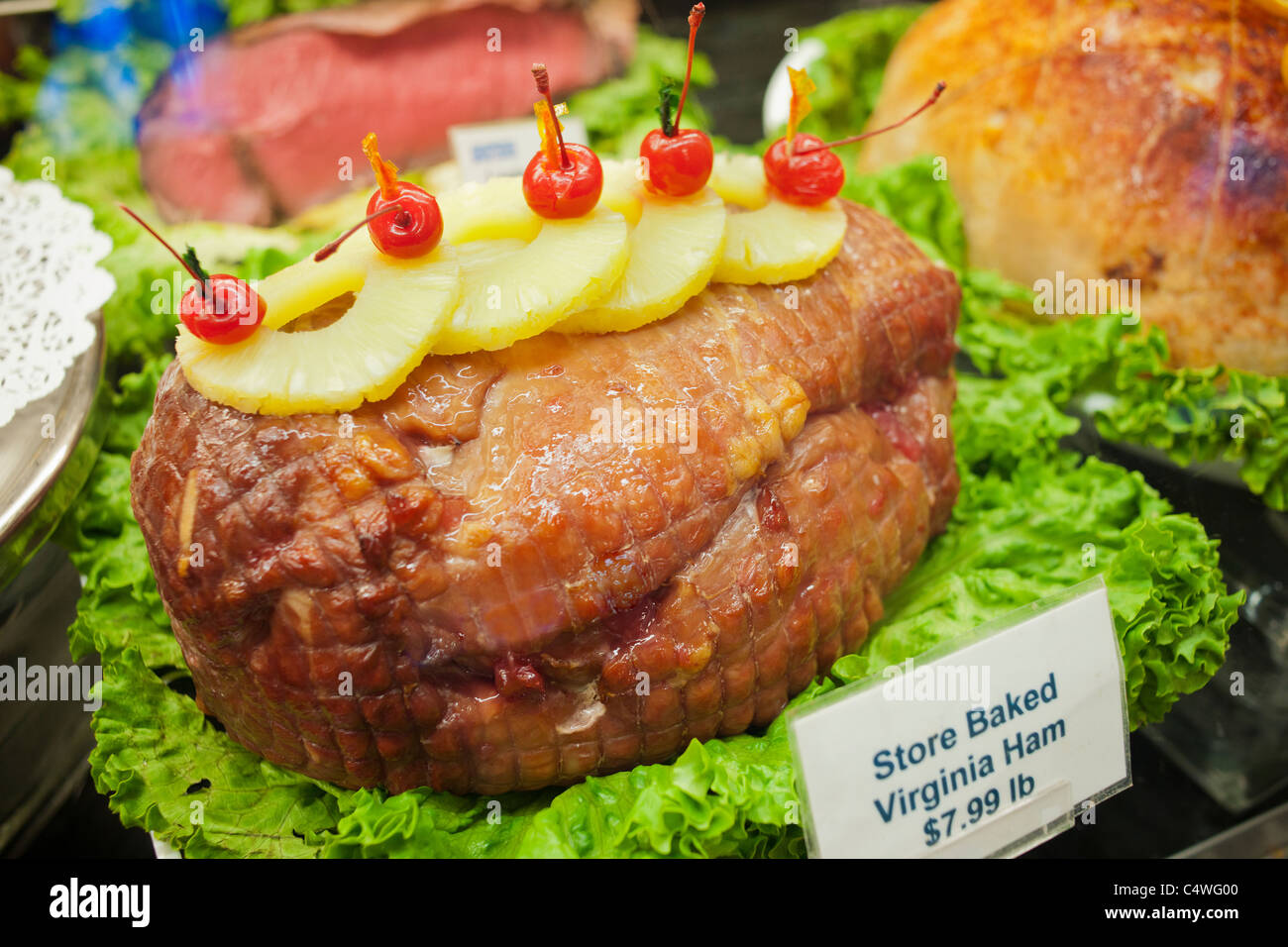 A baked Virginia Ham is seen in a deli department of a supermarket in