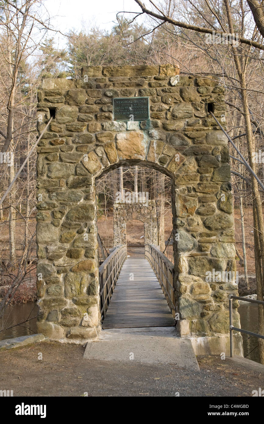 Memorial suspension bridge  in Stockbridge Massachusetts leads to Laura's Tower and the Ice Glen. Stock Photo