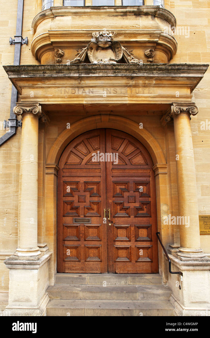 The doorway of the University of Oxford’s Indian Institute Building in Oxford, England. Stock Photo