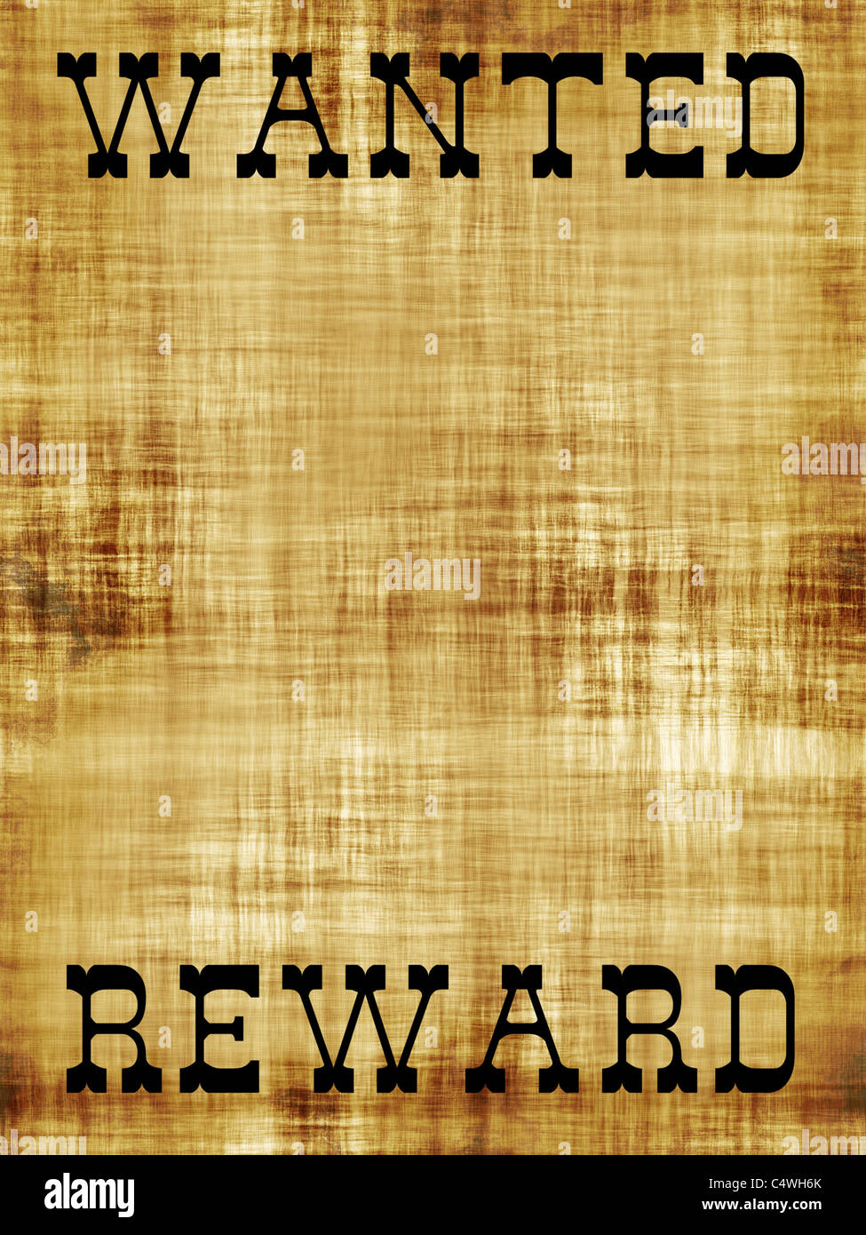 A old wanted poster with copy space and the word REWARD at the bottom. Stock Photo