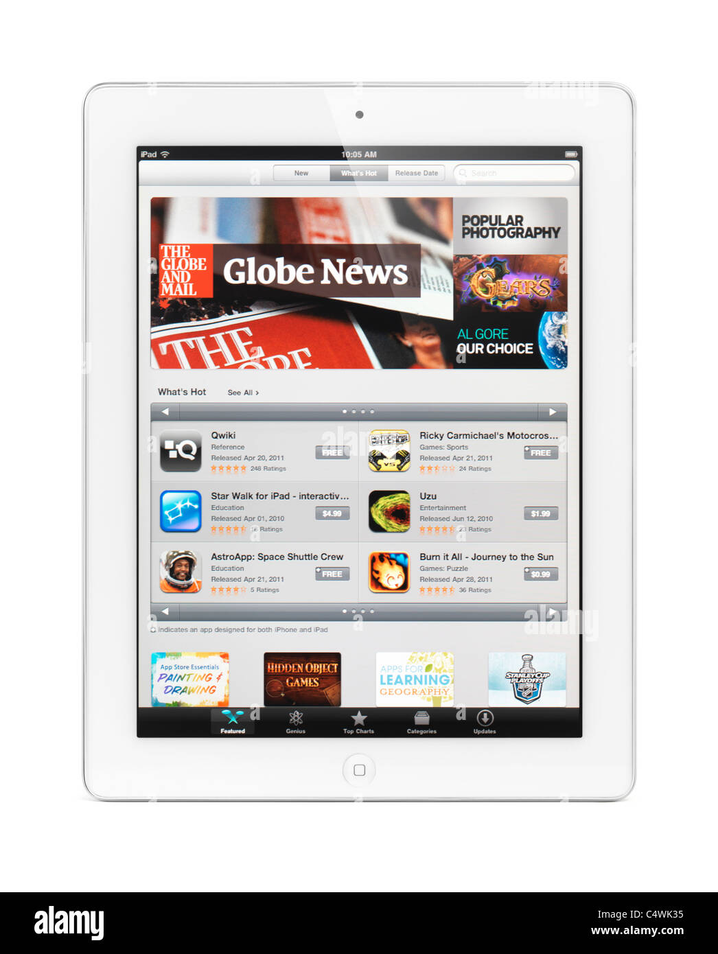 Apple iPad 2 tablet computer with app store on its display. Isolated with clipping path on white background. Stock Photo